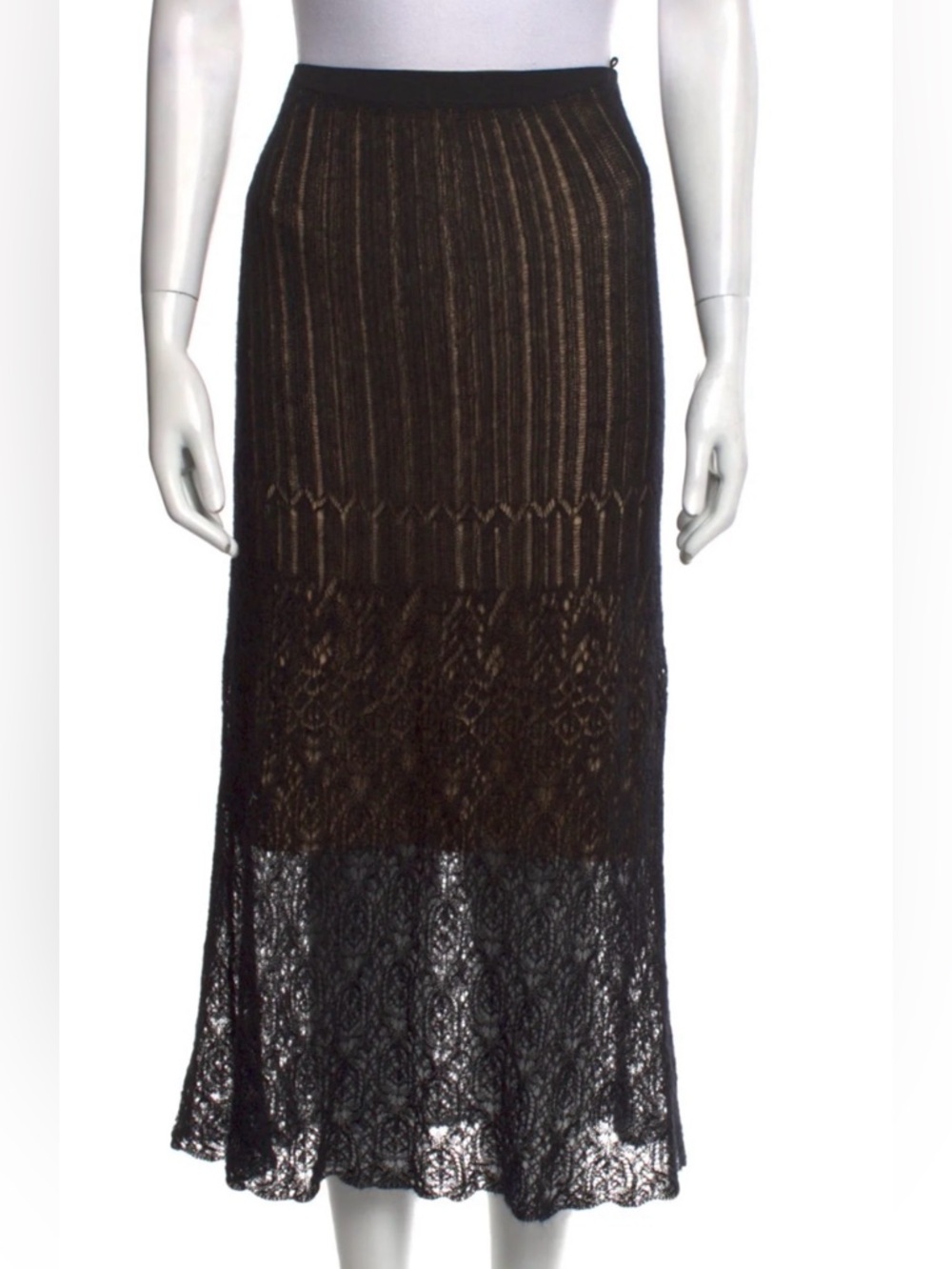 VINCE Black Knit Skirt Cotton Mohair Blend Lace Hem Pull On Midi Size M